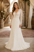 Ivory Boho V-Neck A-Line Chiffon Lace Wedding Dress with Long Lace Sleeves and Court Train front view