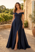 Dark Navy Off-the-Shoulder Satin A-Line Bridesmaid Dress with Front Slit and Full Skirt front view