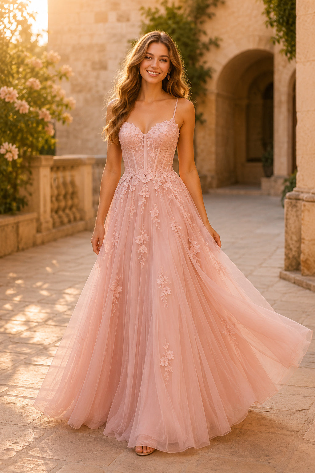 Blushing Pink Spaghetti Strap Lace Applique A Line Dress with Tulle Skirt Floor Length And Sweep/Brush Train A Line Prom Dres