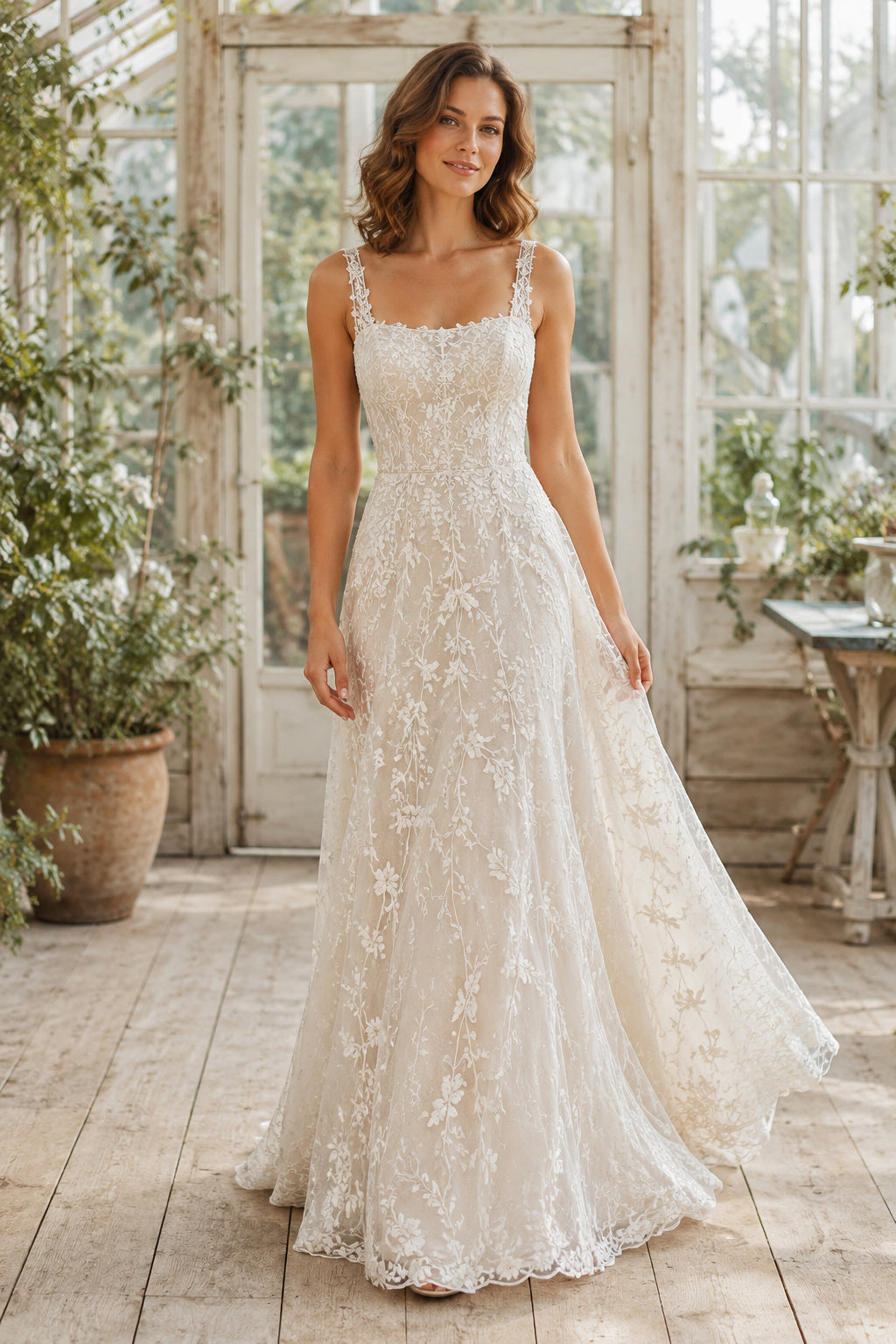 Ivory Square Neck Sleeveless Lace Sheath Wedding Dress with Straps and Sweep Train front view