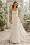 Ivory Square Neck Sleeveless Lace Sheath Wedding Dress with Straps and Sweep Train front view