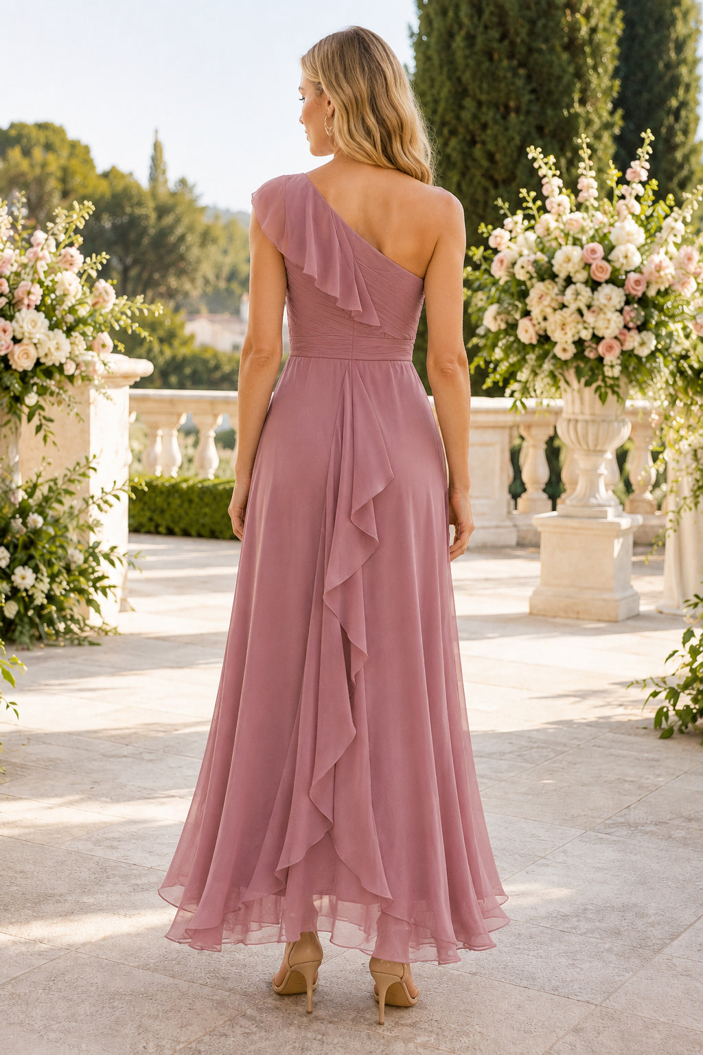 Dusty Rose Ruffle Wedding Guest Sheath Dress back view