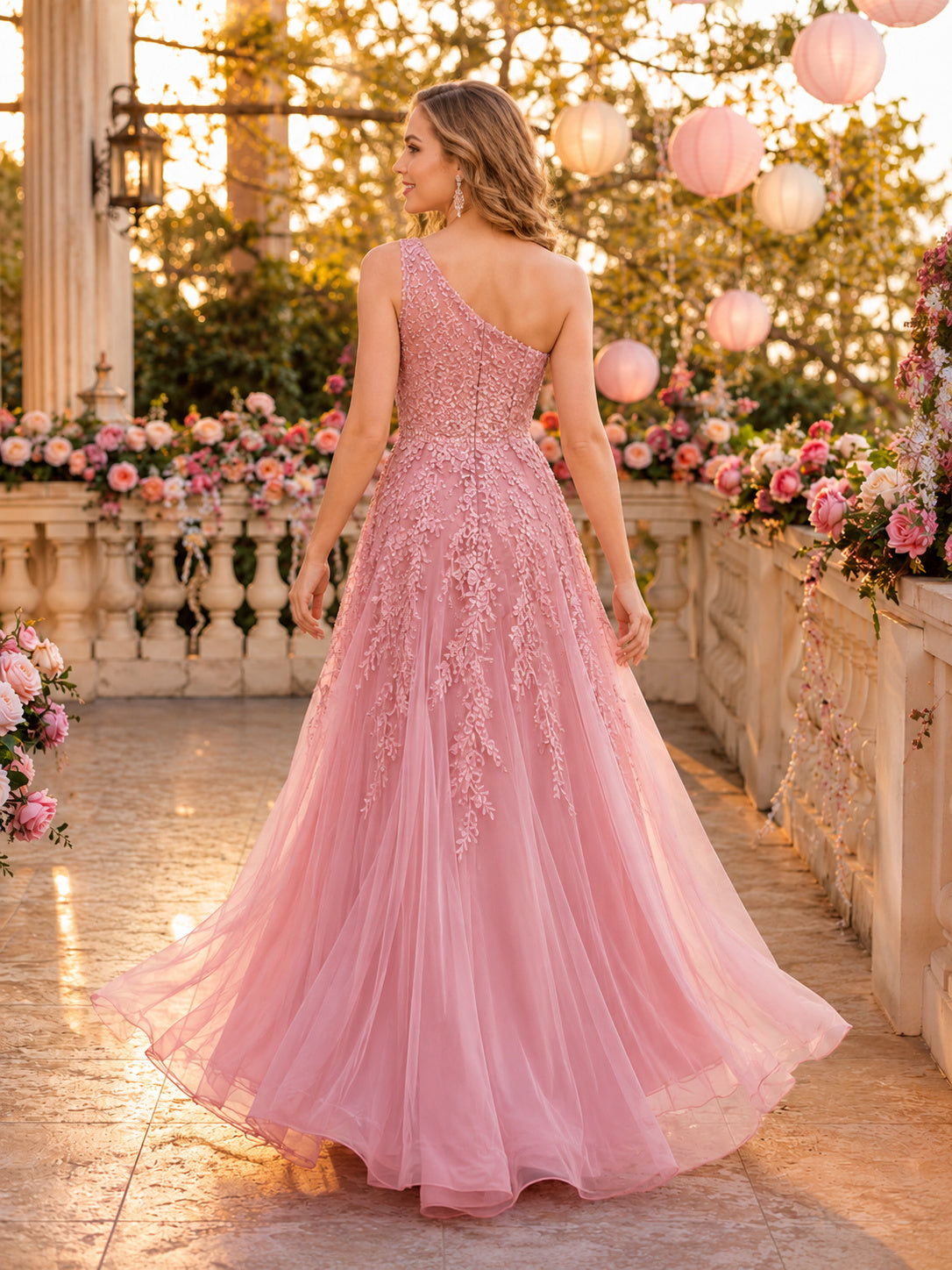 Romantic Blush Patronal Festival A Line Floor Length One Shoulder Applique Gown back view