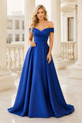 Royal Blue off the shoulder satin A line gown with sweetheart neckline and full skirt Floor-length And Sweep/Brush Train A-Li
