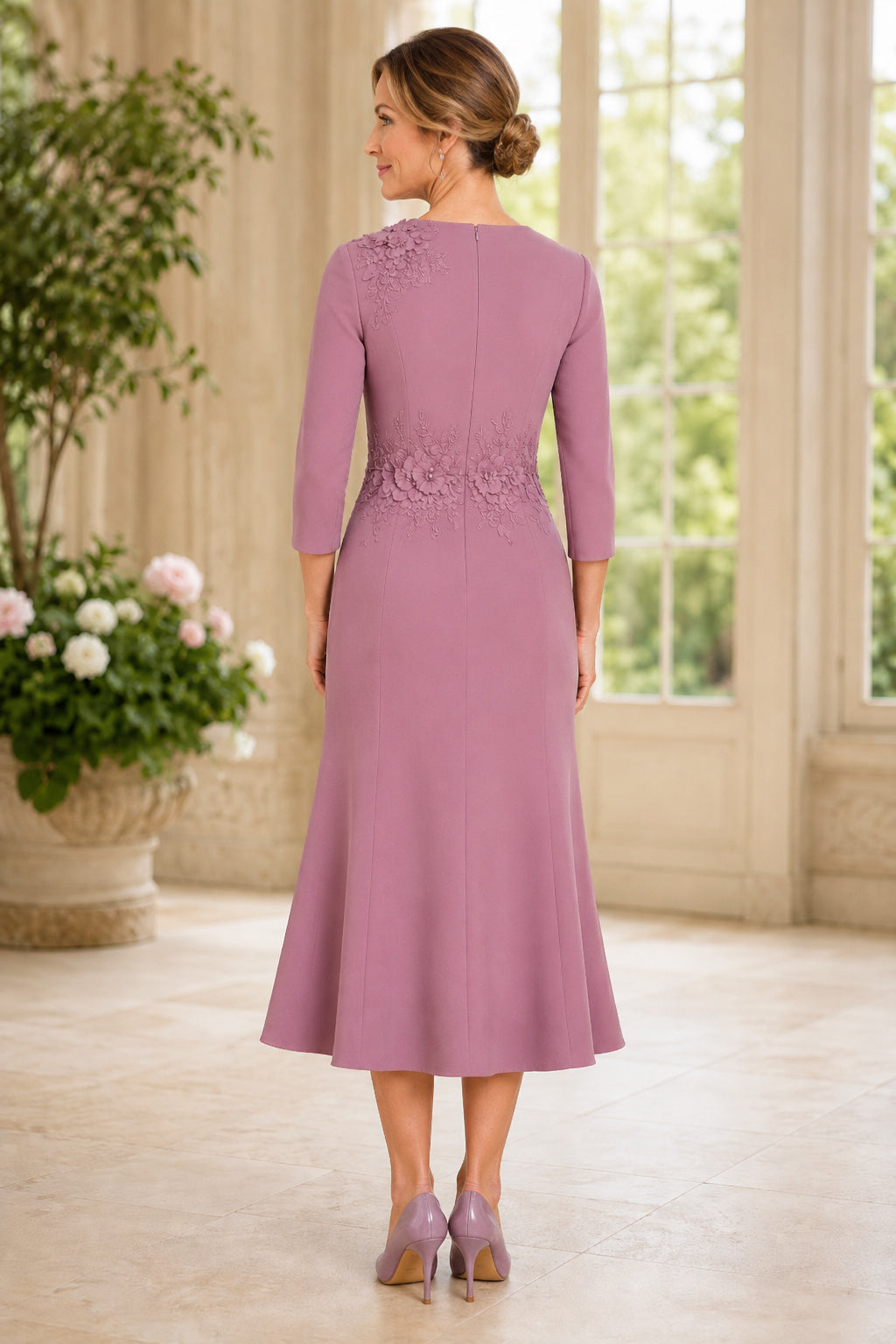 Vintage Mauve Bateau Tea Length Mother Dress with Lace Waist Applique for Evening Reception back view