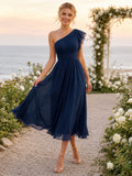 Dark Navy One Shoulder Ruffle Chiffon Tea Length Guest Dress front view