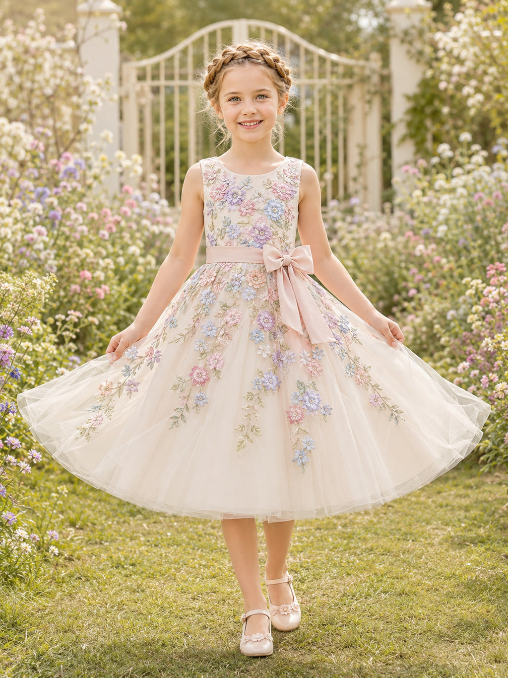 Pastel Floral Embroidery Romantic Princess Knee-Length A-Line Tulle Sleeveless Flower Girl Dress front view