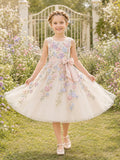 Pastel Floral Embroidery Romantic Princess Knee-Length A-Line Tulle Sleeveless Flower Girl Dress front view