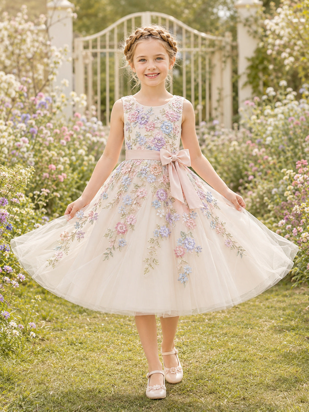 Pastel Floral Embroidery Romantic Princess Knee-Length A-Line Tulle Sleeveless Flower Girl Dress front view