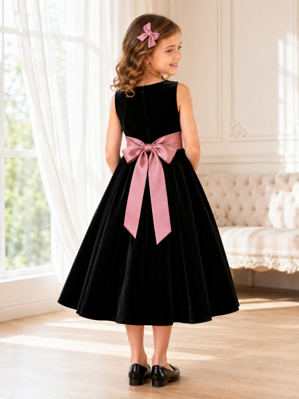 Black Classic A-Line Velvet Flower Girl Dress Sleeveless Scoop Neck Tea-Length Pink Sash Bow back view