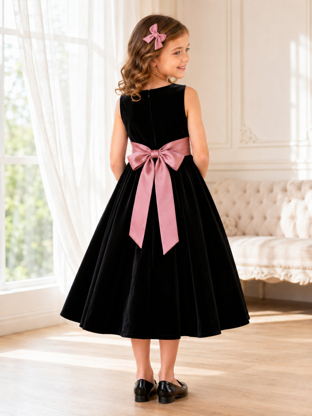 Black Classic A-Line Velvet Flower Girl Dress Sleeveless Scoop Neck Tea-Length Pink Sash Bow back view