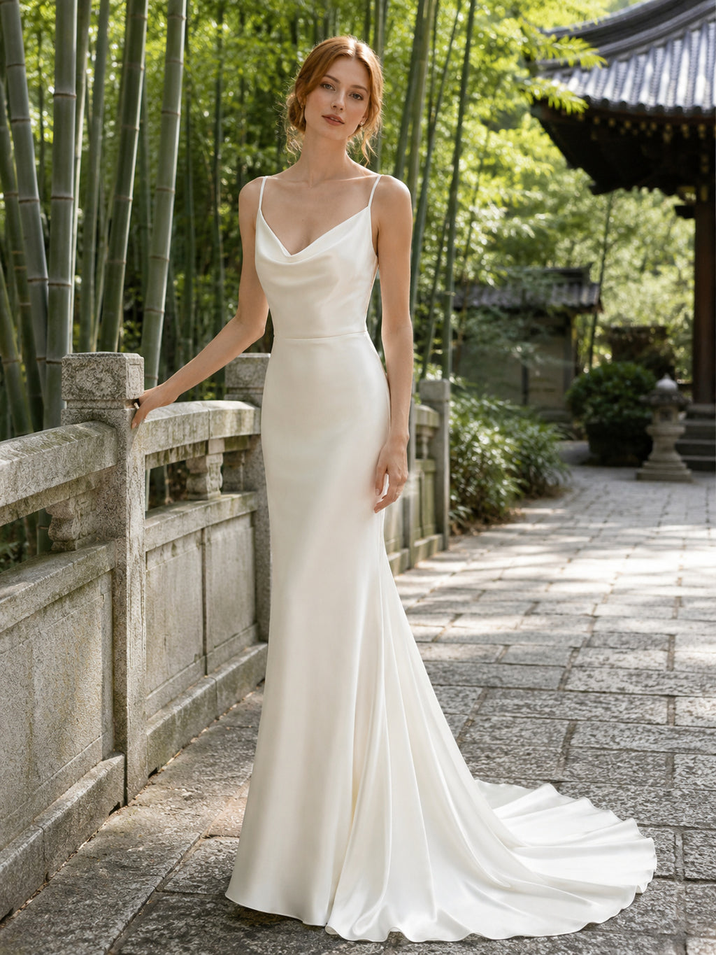 Coastal Cowl Neck Spaghetti Strap Satin Mermaid Low Back Sweep Train Wedding Gown front view