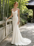 Coastal Cowl Neck Spaghetti Strap Satin Mermaid Low Back Sweep Train Wedding Gown front view