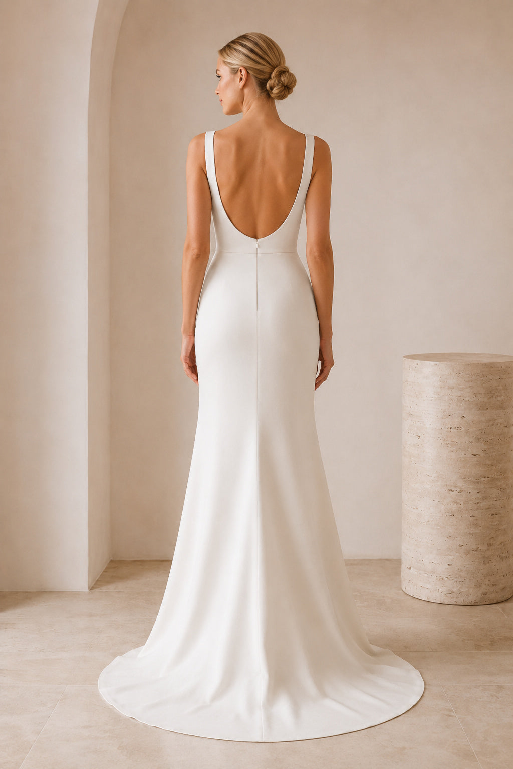 White Square Neck Satin Sheath Wedding Dress with Wide Straps and Sweep Train back view