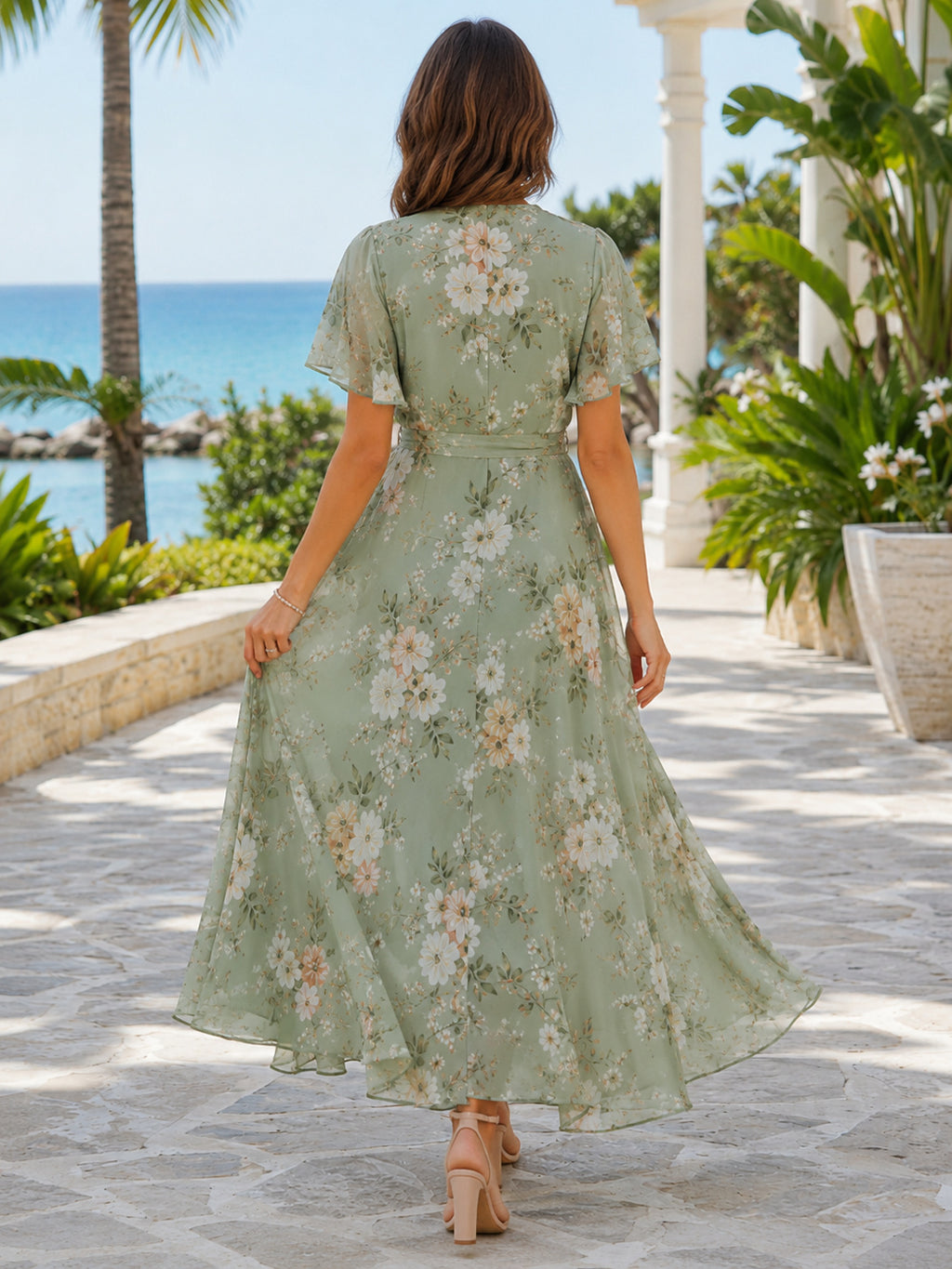 Sage Destination Beach Wedding Guest Dress A-Line Chiffon V-Neck Short Sleeve Tea-Length Floral Print back view