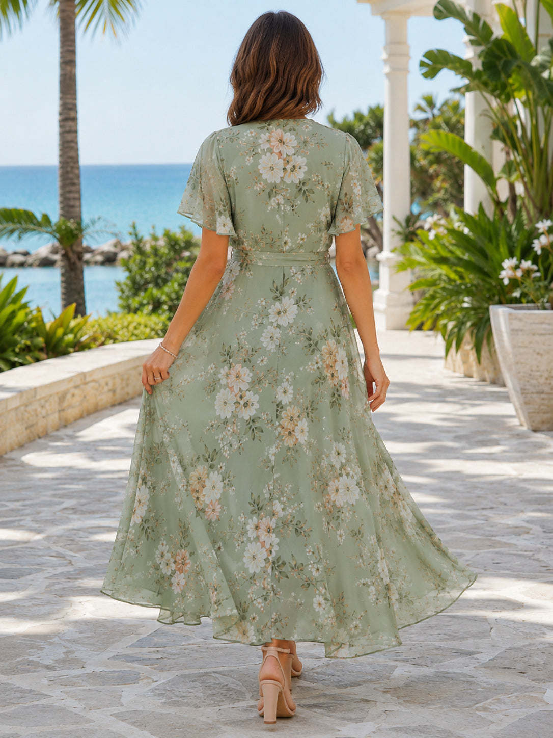 Sage Destination Beach Wedding Guest Dress A-Line Chiffon V-Neck Short Sleeve Tea-Length Floral Print back view