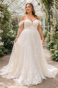 Plus Size Ivory Off-the-Shoulder Sweetheart Flutter Sleeve Lace Tulle A-Line Wedding Dress with Floral Appliques and Chapel T