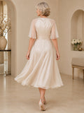 Older Brides Casual V-Neck Wrap Half Flutter Sleeve Chiffon A-Line Tea-Length Wedding Dress front view