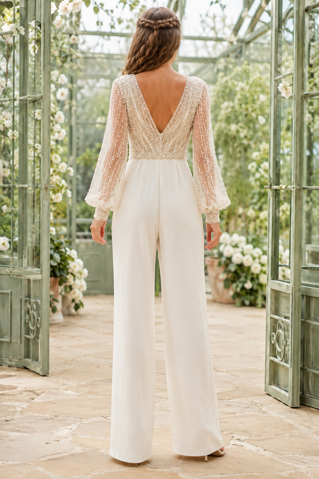 Ivory V-Neck Bishop Sleeve Lace Satin Floor-Length Bridal Jumpsuit with Bishop Lace Sleeves and Wide Leg Pants back view