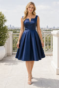Navy V-neck Sleeveless A-Line Satin Tea-Length Dress With Pleated Skirt