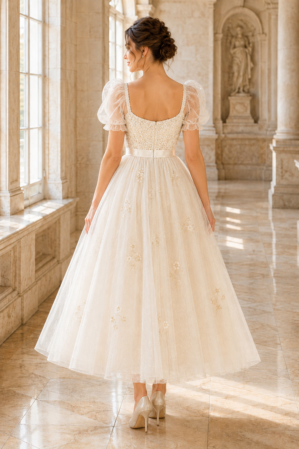 Ivory Puff Lace Sleeve Square Neck Dress with Tulle Skirt Tea Length A-Line Wedding Dress back view