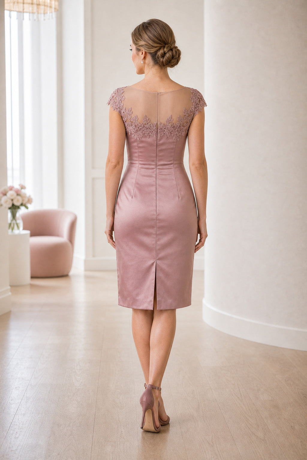 Blush Bateau Cap Sleeve Sheath Satin Knee-Length Dress With Lace Yoke