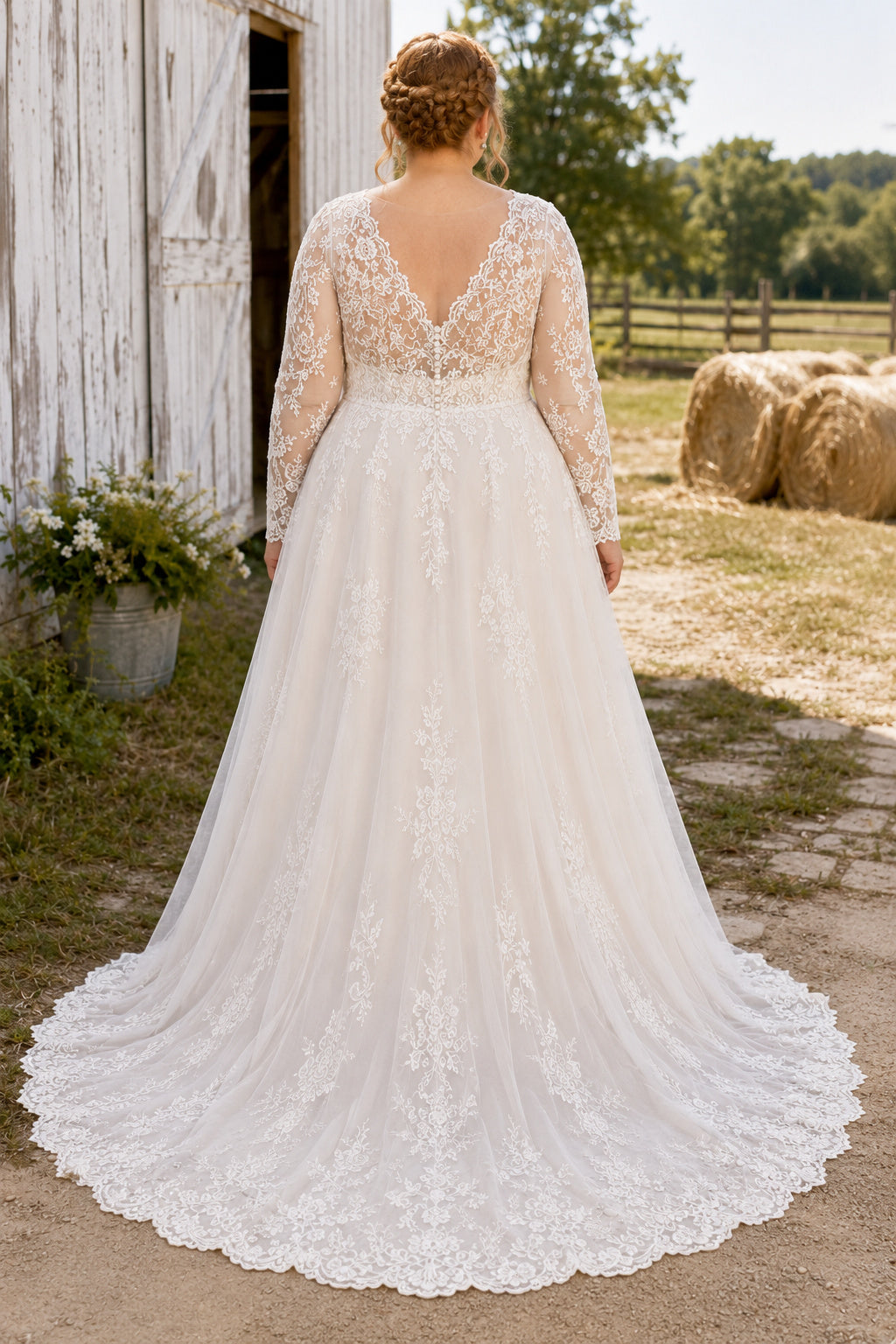 Plus Size Long Sleeve Lace A-Line Wedding Dress with Deep V-Neck Style 720931 back view