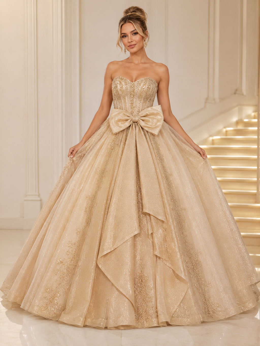 Gold Luxury Strapless Sweetheart Oversized Bow Glitter Tulle Sweet Sixteen Princess Ball Gown front view