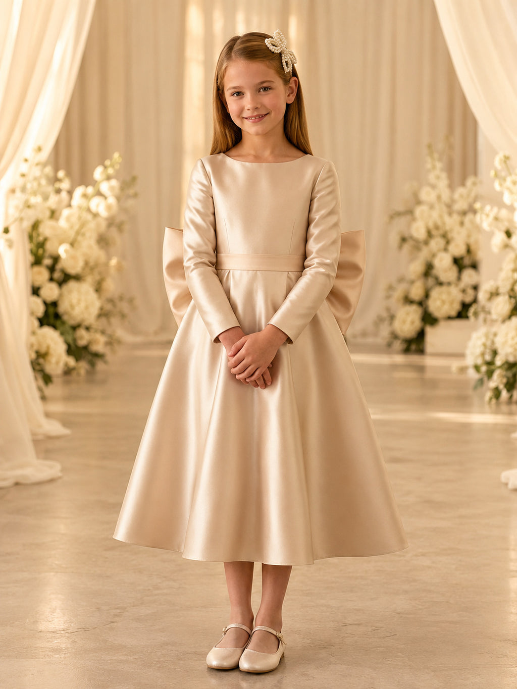 Elegant Romantic Champagne Satin Long Sleeve A-Line Flower Girl Tea-Length Reception Bow Dress front view