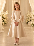 Elegant Romantic Champagne Satin Long Sleeve A-Line Flower Girl Tea-Length Reception Bow Dress front view