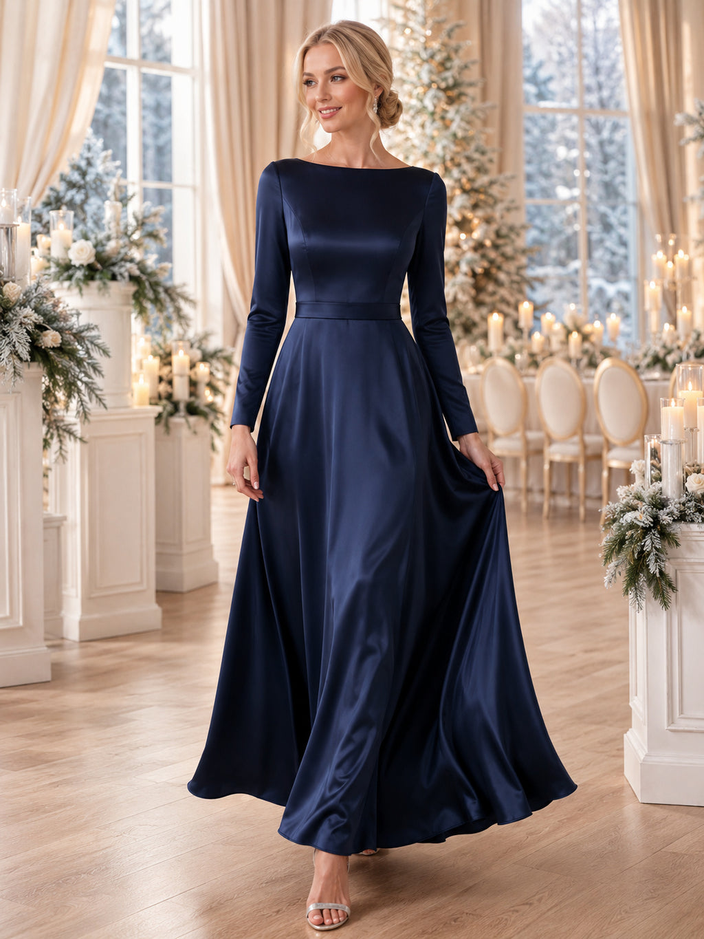 Navy satin long sleeve bateau floor length A-line dress front view