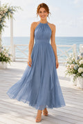 Sky Blue Chiffon Wedding Guest A-Line Dress front view