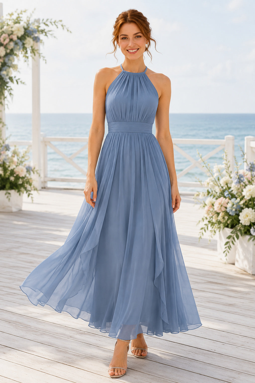 Sky Blue Chiffon Wedding Guest A-Line Dress front view