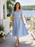 Sky blue puff sleeve square neck lake house midi dress front view