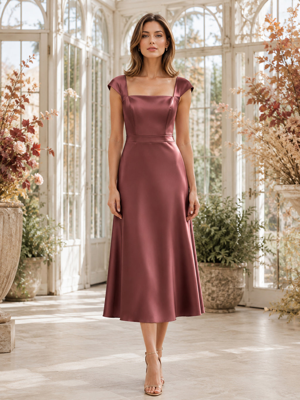 Vintage Mauve Square Neck Cap Sleeve Satin Sheath Midi Guest Dress front view