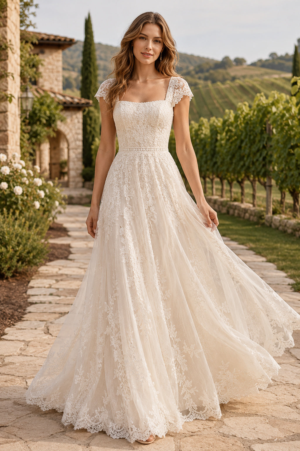 Ivory Cap Sleeve Lace A-Line Wedding Dress with Square Neckline and Sweep Train front view