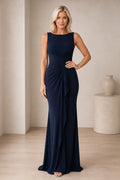 Dark Navy Jewel Neck Sheath Formal Gown with Ruched Waist and Draped Front Panel front view