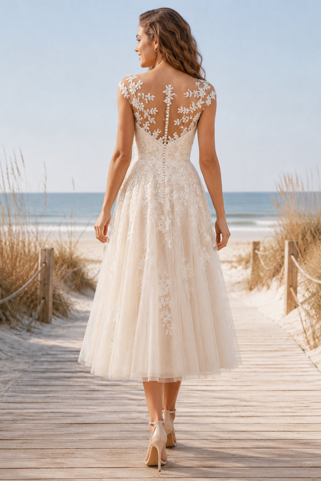 Ivory Bateau Cap Sleeve Applique Tea Length Wedding Dress for Wedding Reception and Party Style MG_700969 back view