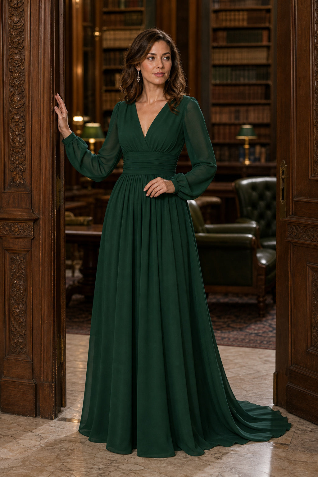 Emerald V-neck Long Sleeve A-Line Chiffon Floor-Length Dress With Sheer Sleeves