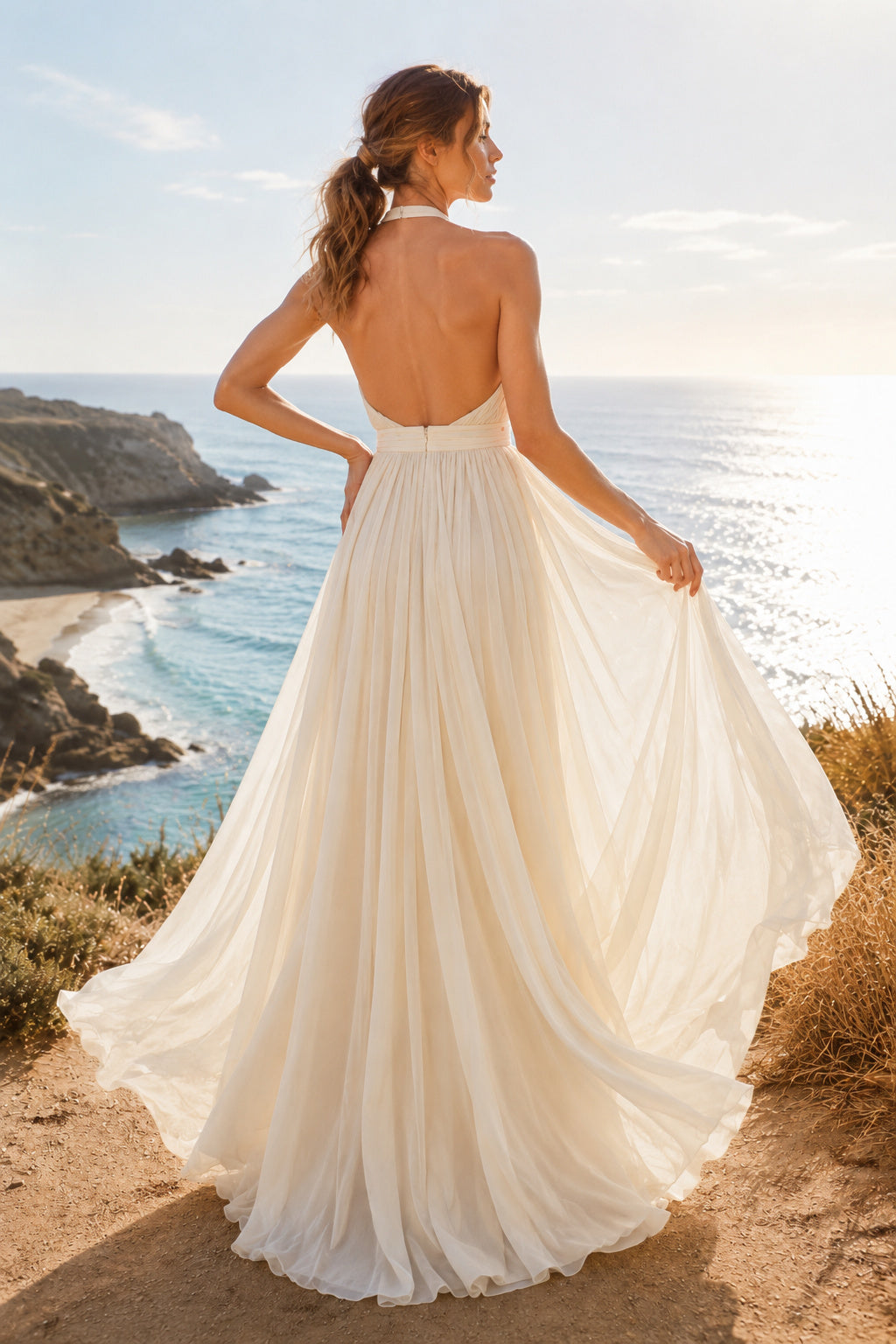 Ivory Halter High Neck Chiffon A-Line Wedding Dress Open Back for Bridal Ceremony and Reception back view