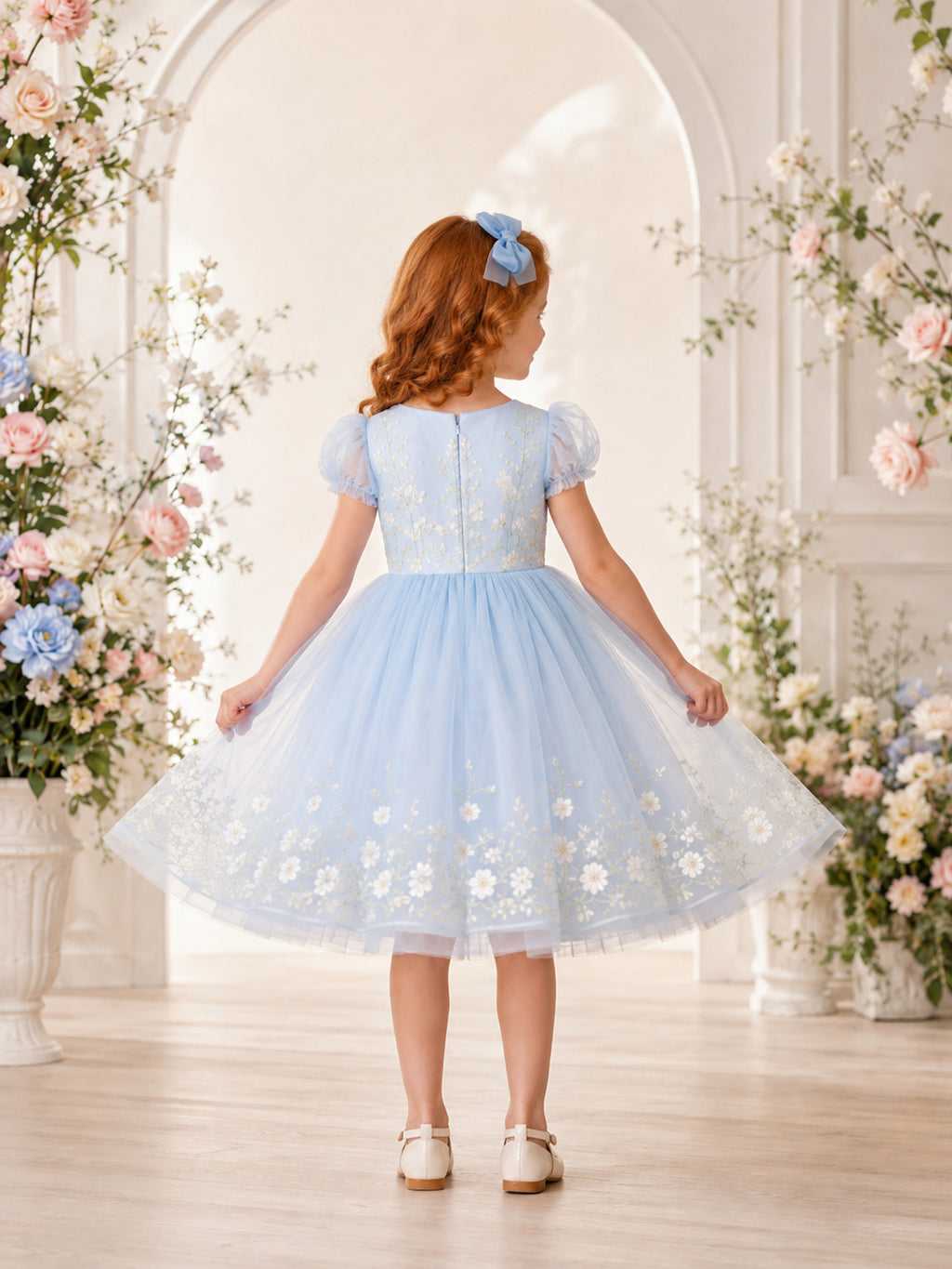 Sky Blue Floral Vine Flower Girl Dress with Puff Sleeves, Botanical Embroidery, Tulle A-Line, and Tea-Length Skirt back view