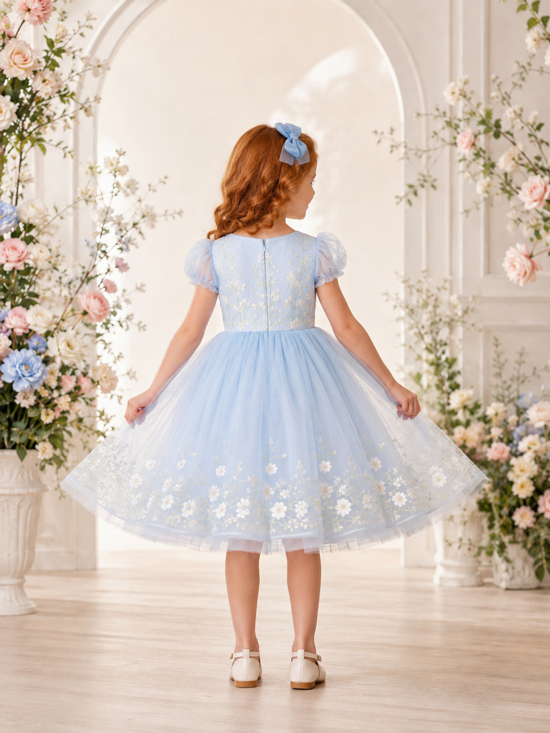 Sky Blue Floral Vine Flower Girl Dress with Puff Sleeves, Botanical Embroidery, Tulle A-Line, and Tea-Length Skirt back view