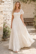 Square Neck Lace A-Line Wedding Dress with Flutter Sleeves and Tiered Ankle Skirt front view
