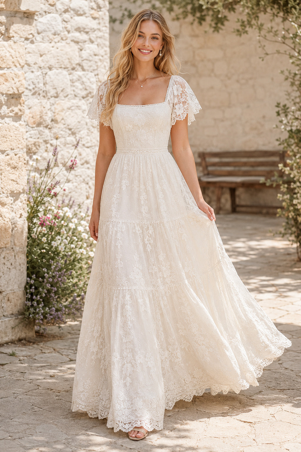 Square Neck Lace A-Line Wedding Dress with Flutter Sleeves and Tiered Ankle Skirt front view