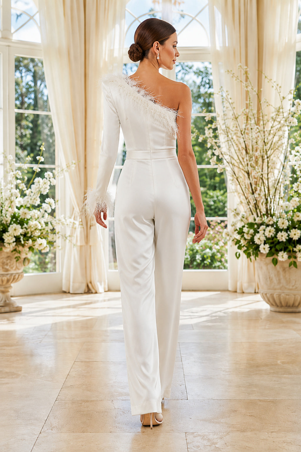 One-Shoulder Lace Applique Bridal Jumpsuit with One Long Sleeve back view
