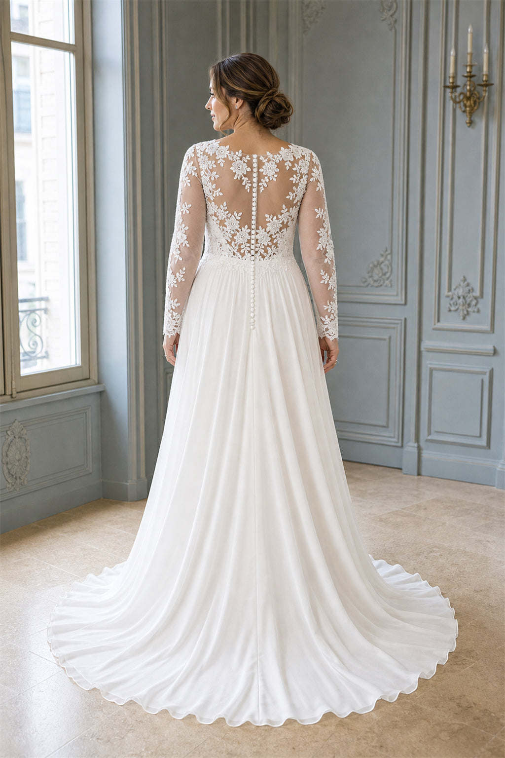 White Square Mermaid Crepe, Lace Floor-length Wedding Dress With Lace and Pleated Skirt and Open Back