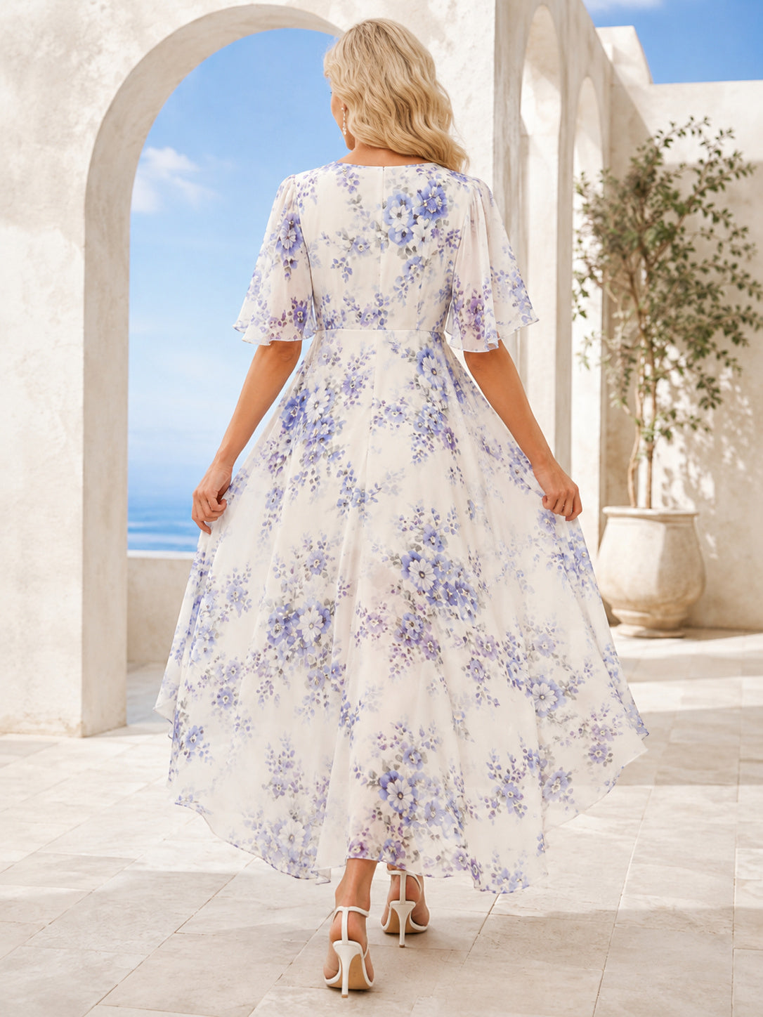 Blue Floral Cape Sleeve High-Low Chiffon A-Line Guest Dress back view