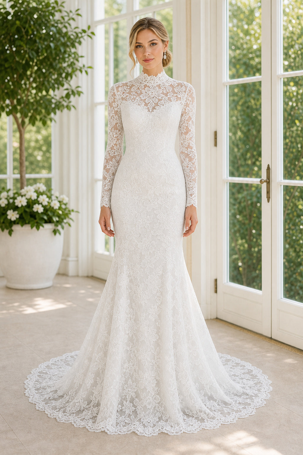 White Bateau Three-Quarter Sleeves A-Line Chiffon Floor-length Wedding Dress With Lace Bodice and Sweep Train and Open Back
