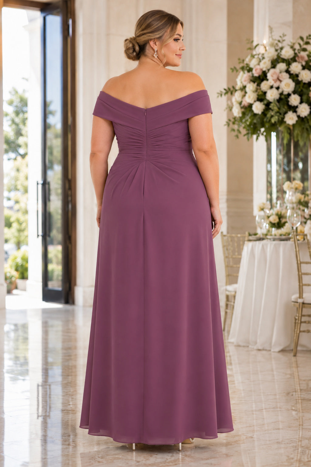 Lavender Plus Size Wedding Guest Sheath Dress back view