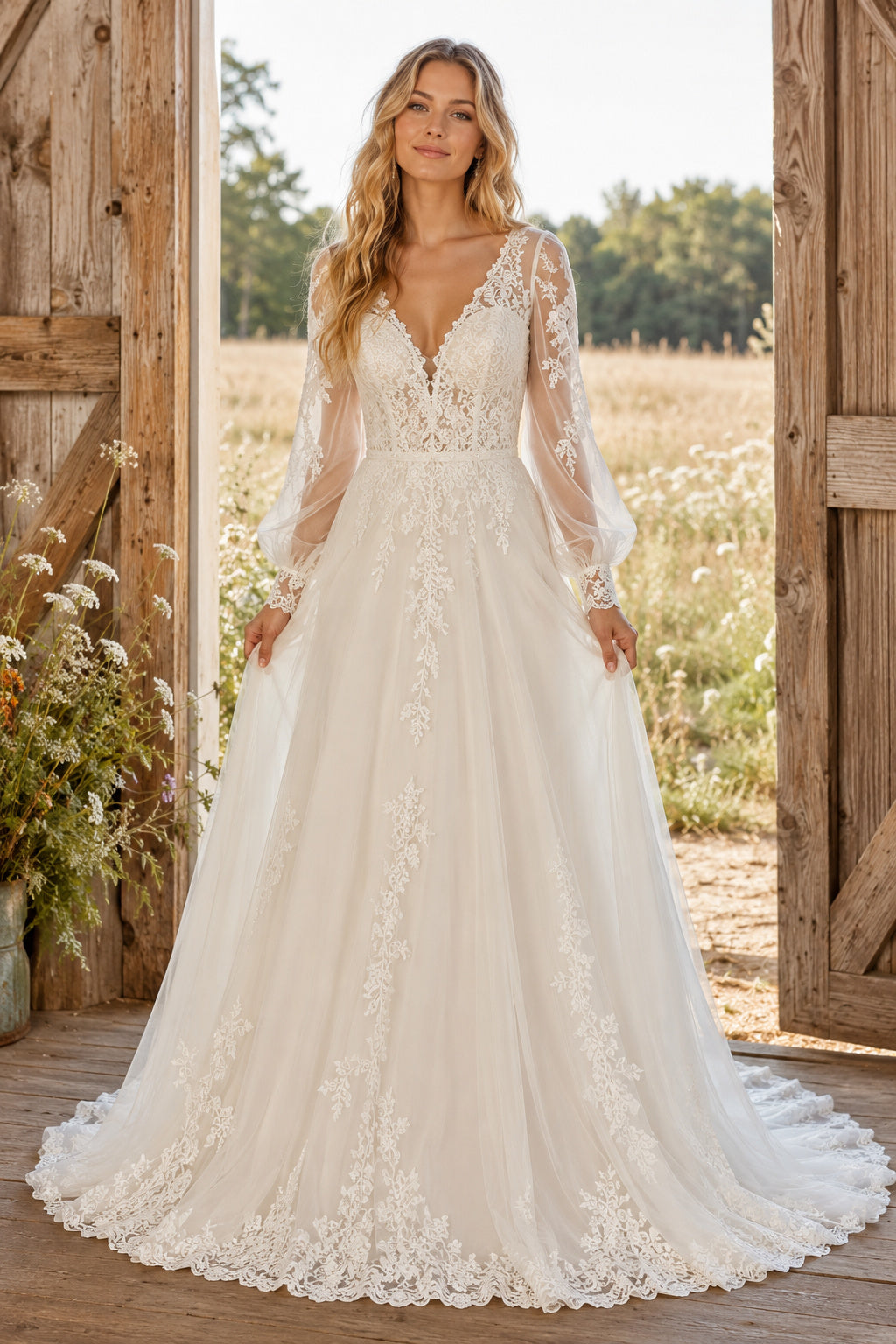 Long Sleeve V-Neck A-Line Wedding Dress with Lace Appliques and Chapel Train for Rustic Garden Ceremony front view